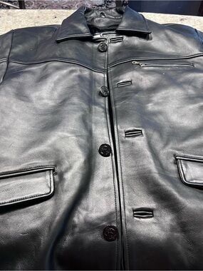 Men's Black Leather Button-Front Coat